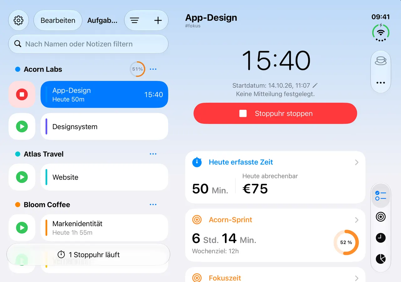 Innendisplay des iPhone Duo mit der Aufgabenliste links und den Details von App-Design rechts