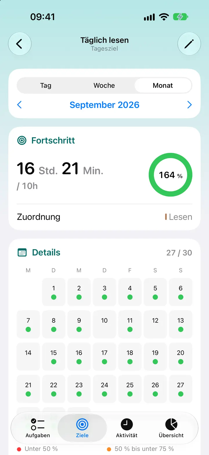 Ziel Täglich lesen mit dem Fortschritt und einem Kalender der erreichten Tage