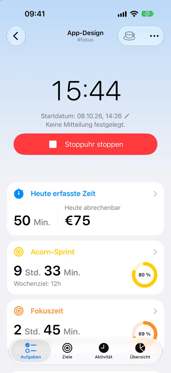 iPhone mit der Aufgabe App-Design, laufender Stoppuhr und dem heute abrechenbaren Betrag