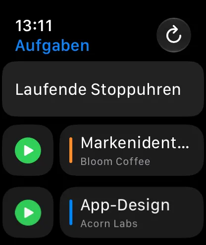 Aufgabenliste auf der Apple Watch mit laufenden Stoppuhren