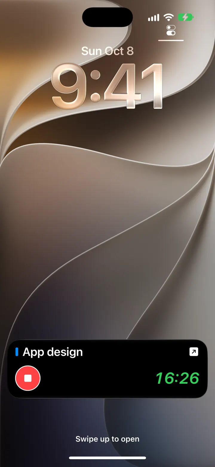 Live Activity on the Lock Screen for App design, with its running time and a stop button