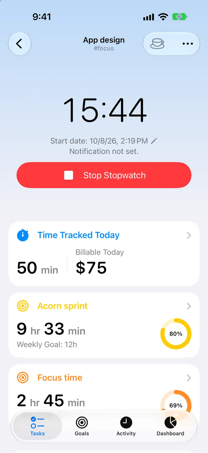iPhone showing the App design task with its stopwatch running and today's billable amount