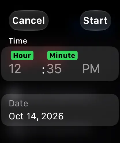 Apple Watch editor for a stopwatch's start time and date
