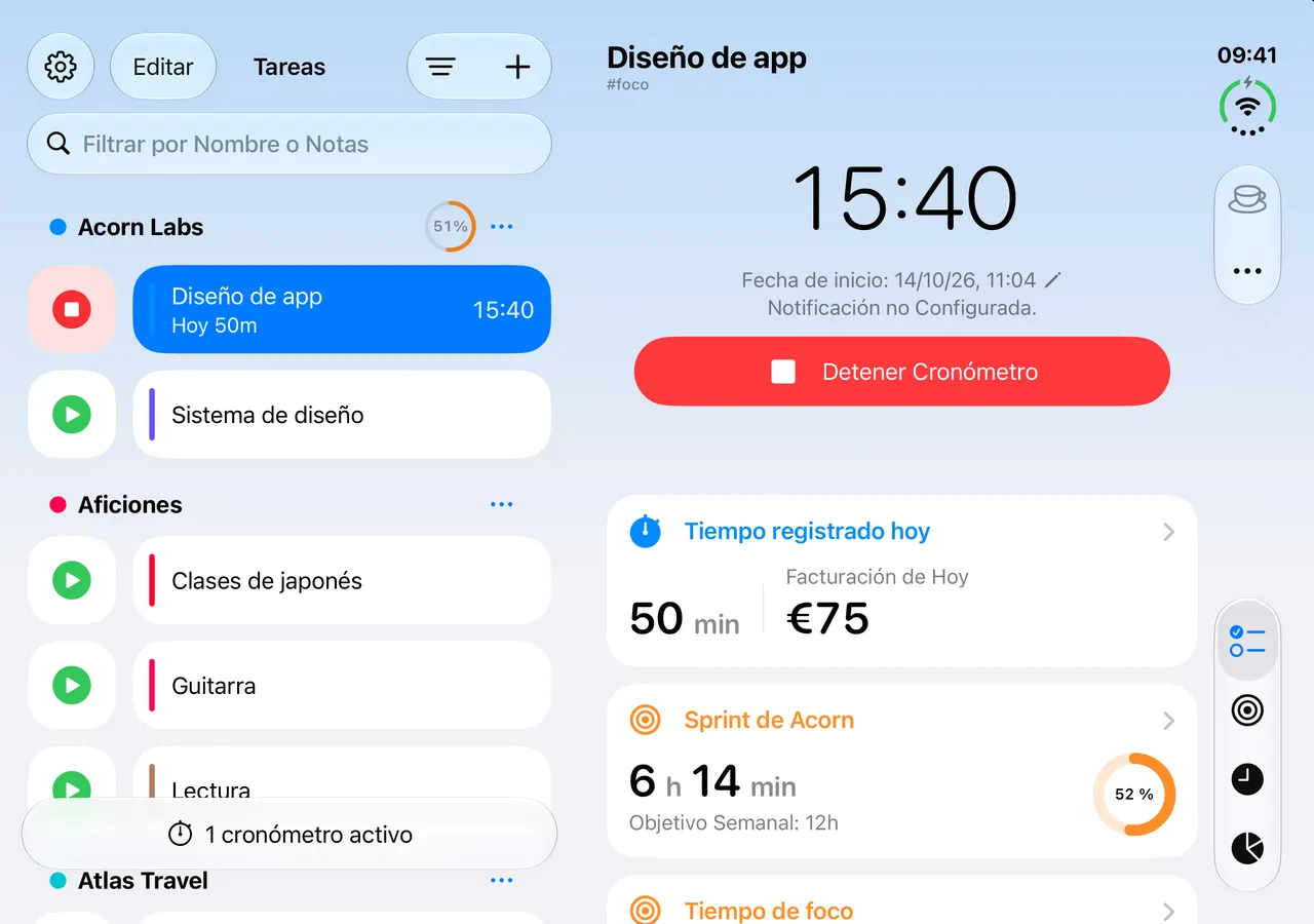 Pantalla interior del iPhone Duo con la lista de tareas a la izquierda y los detalles de Diseño de app a la derecha