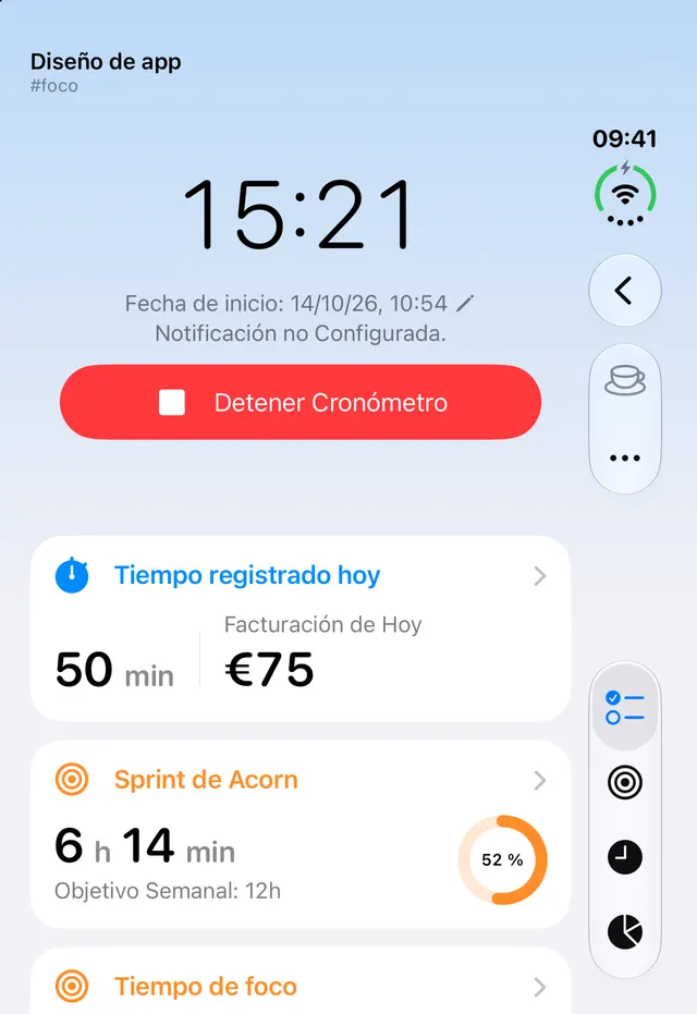 Pantalla exterior del iPhone Duo con el cronómetro de Diseño de app en marcha