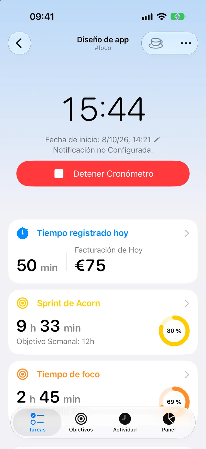 iPhone con la tarea Diseño de app, su cronómetro en marcha y la facturación de hoy