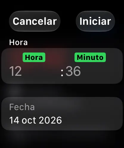Editor de la hora y la fecha de inicio de un cronómetro en el Apple Watch