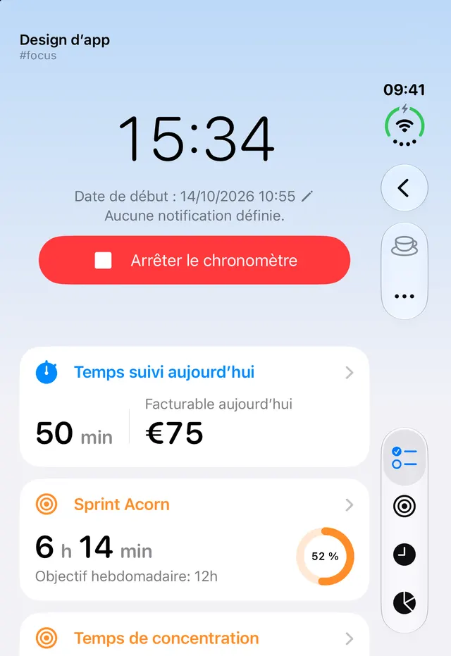 Écran externe de l’iPhone Duo avec le chronomètre de Design d’app en marche
