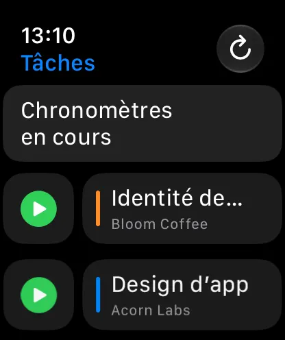 Liste des tâches sur Apple Watch avec les chronomètres en marche