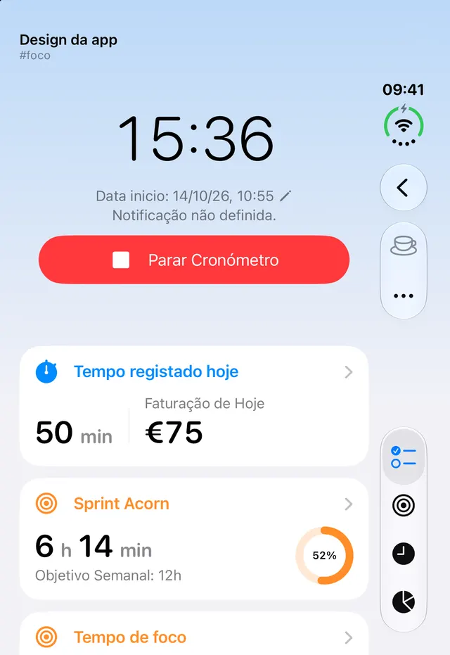 Ecrã exterior do iPhone Duo com o cronómetro de Design da app a contar