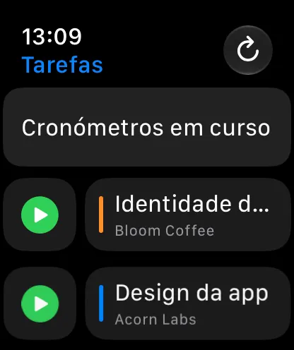 Lista de tarefas no Apple Watch com os cronómetros a contar